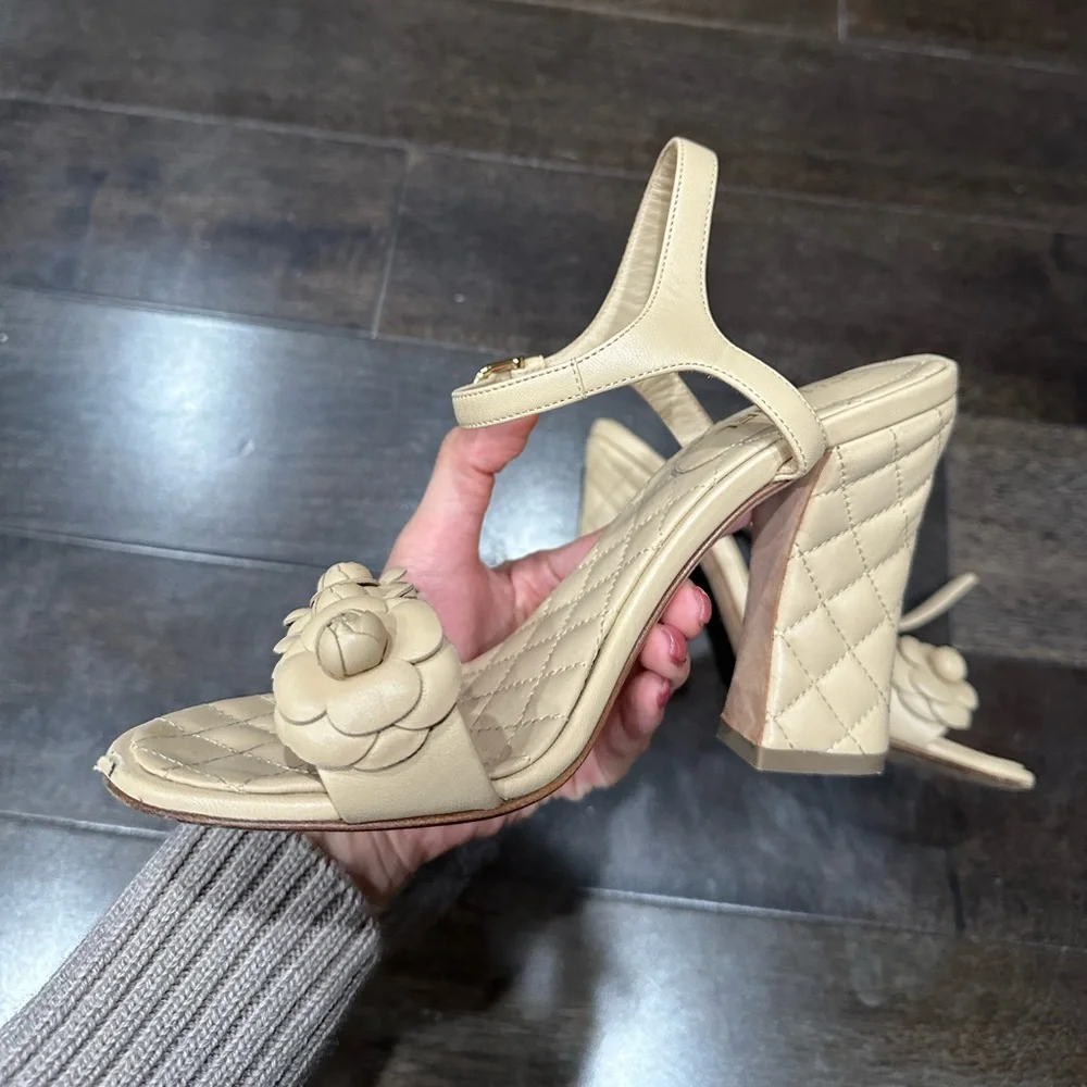 CHANEL Camellia Quilted Leather Block Heel Sandals Beige EU 38.5